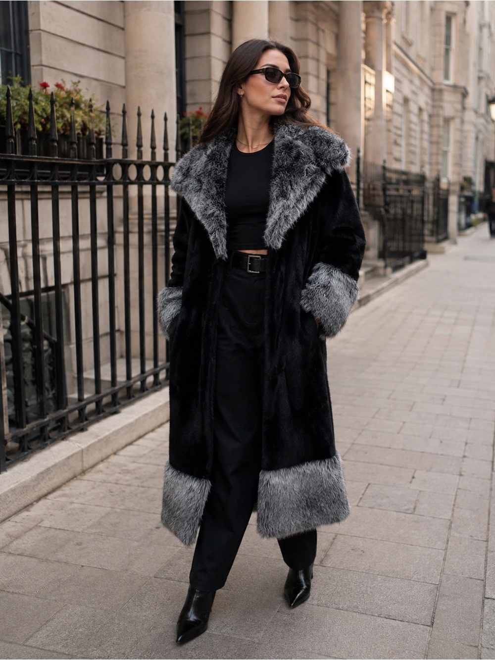 Vintage Tissavel of France Black Trench Coat with Gray Fur Trim